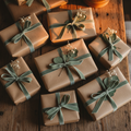 gifts in kraft paper tied with soft sage-green ribbon
