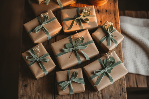 gifts in kraft paper tied with soft sage-green ribbon