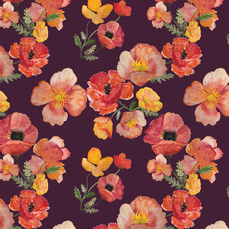 Pattern of colorful poppy flowers on a dark elderberry colored background. 