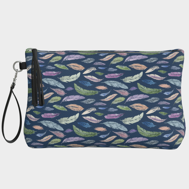 vegan leather clutch + makeup bag in featherlight on navy small