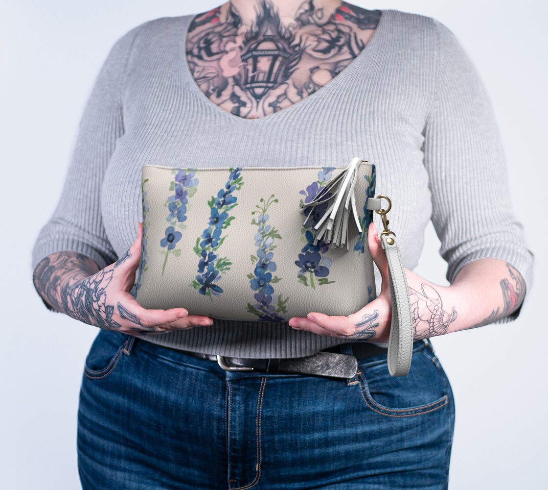vegan leather clutch + makeup bag in dancing delphinium