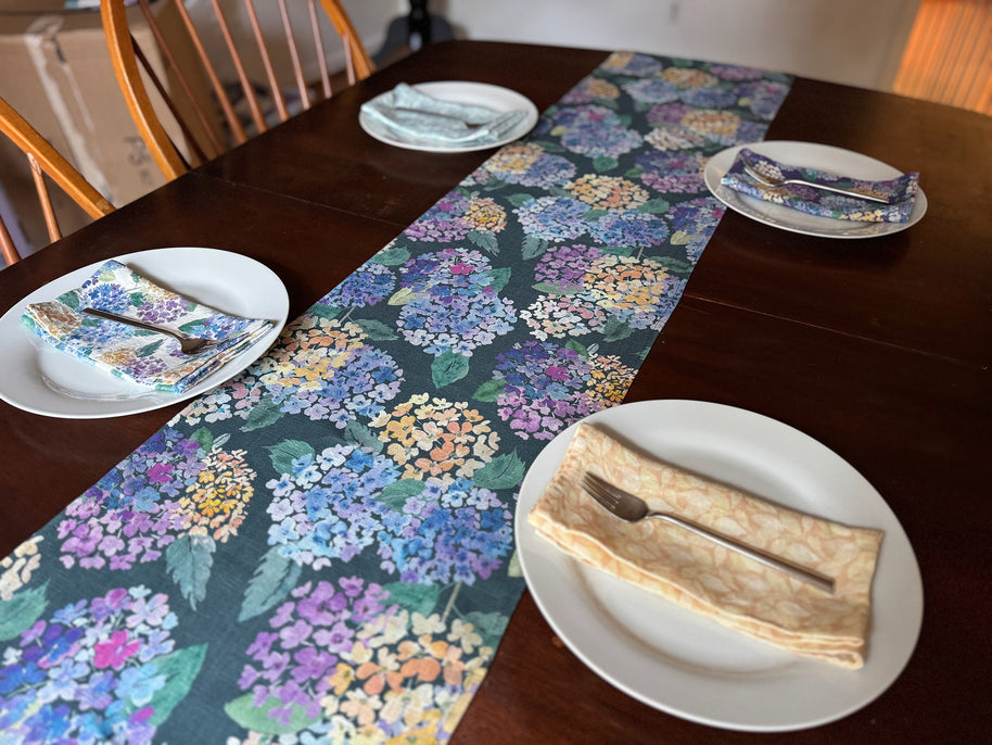 endless hydrangea linen table runner