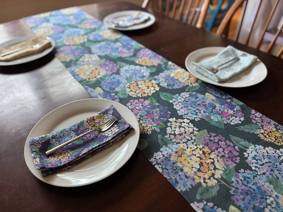 endless hydrangea linen table runner