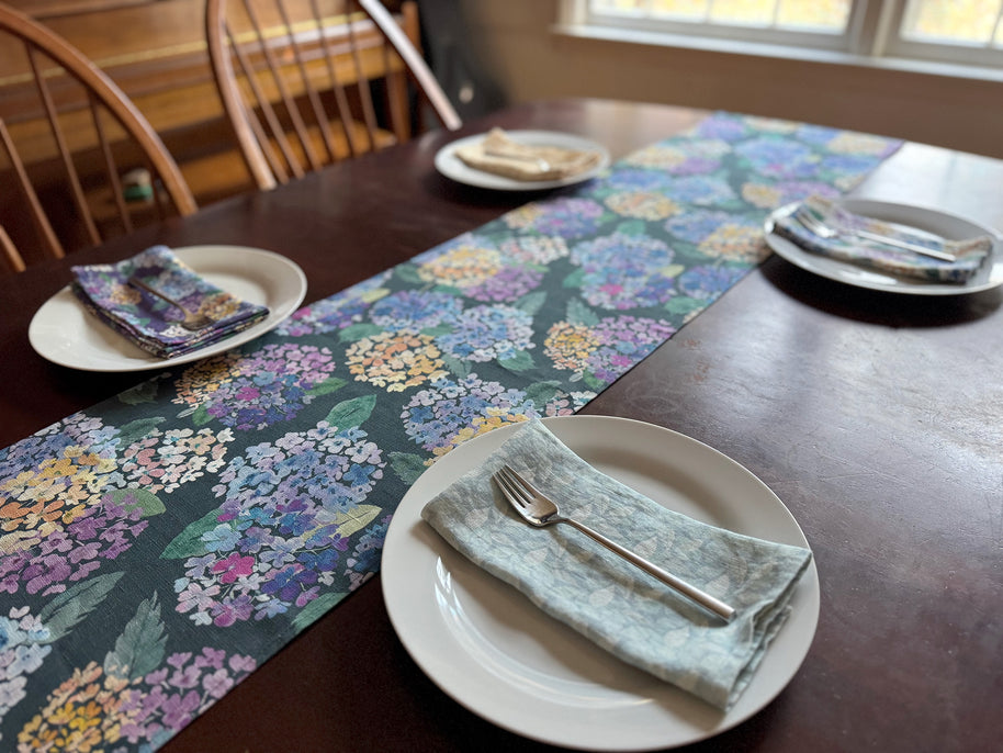 endless hydrangea linen table runner