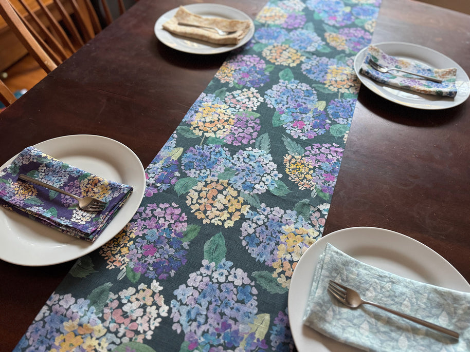 endless hydrangea linen table runner