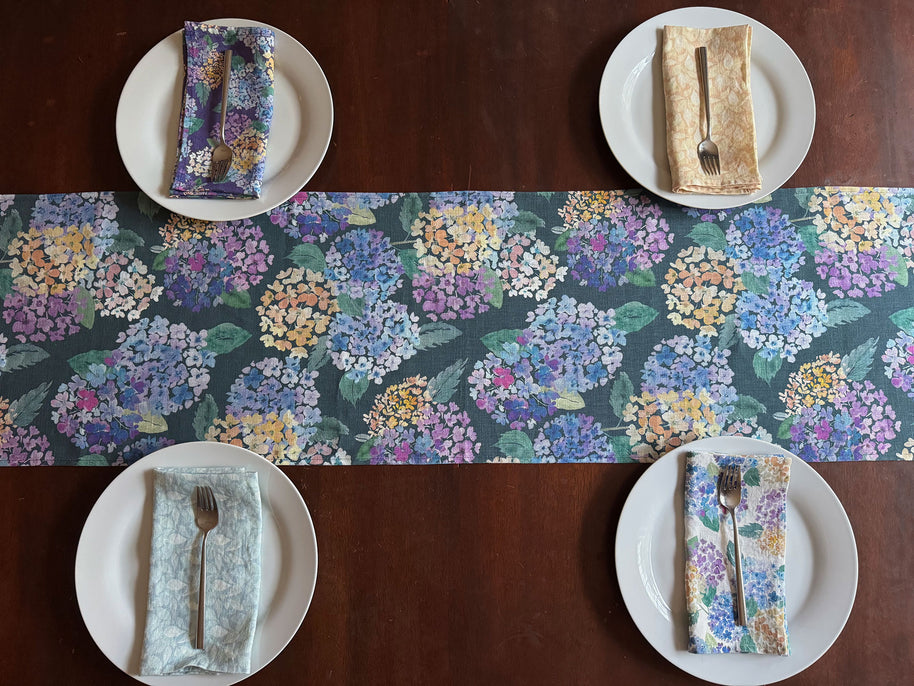 endless hydrangea linen table runner