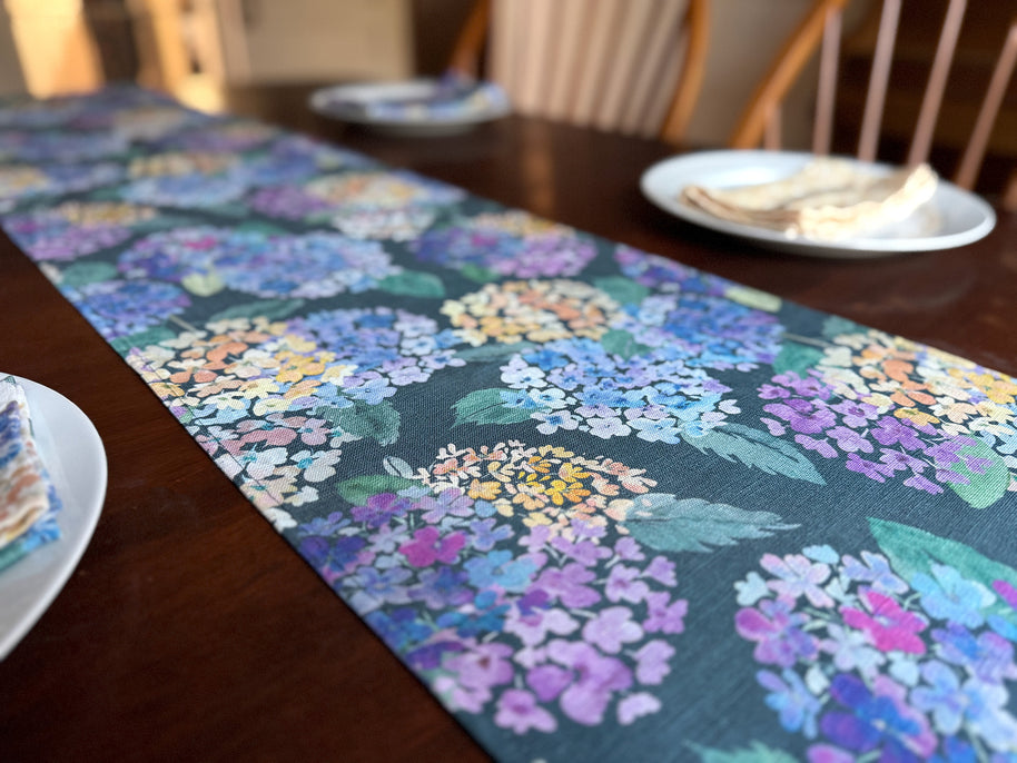 endless hydrangea linen table runner