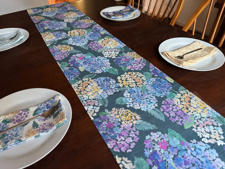 endless hydrangea linen table runner