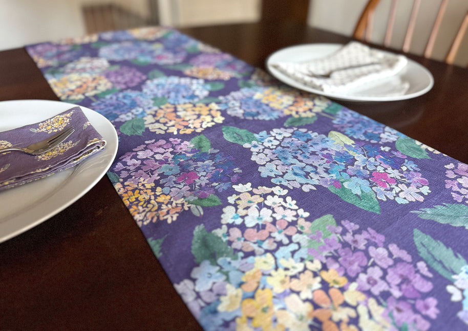 endless hydrangea linen table runner