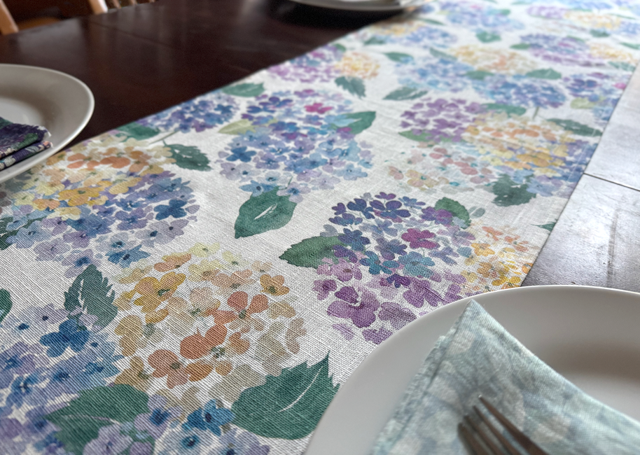 endless hydrangea linen table runner