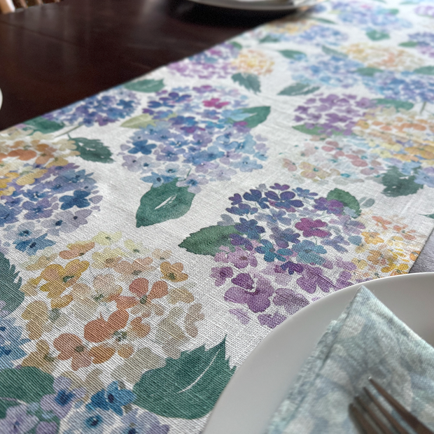 endless hydrangea linen table runner