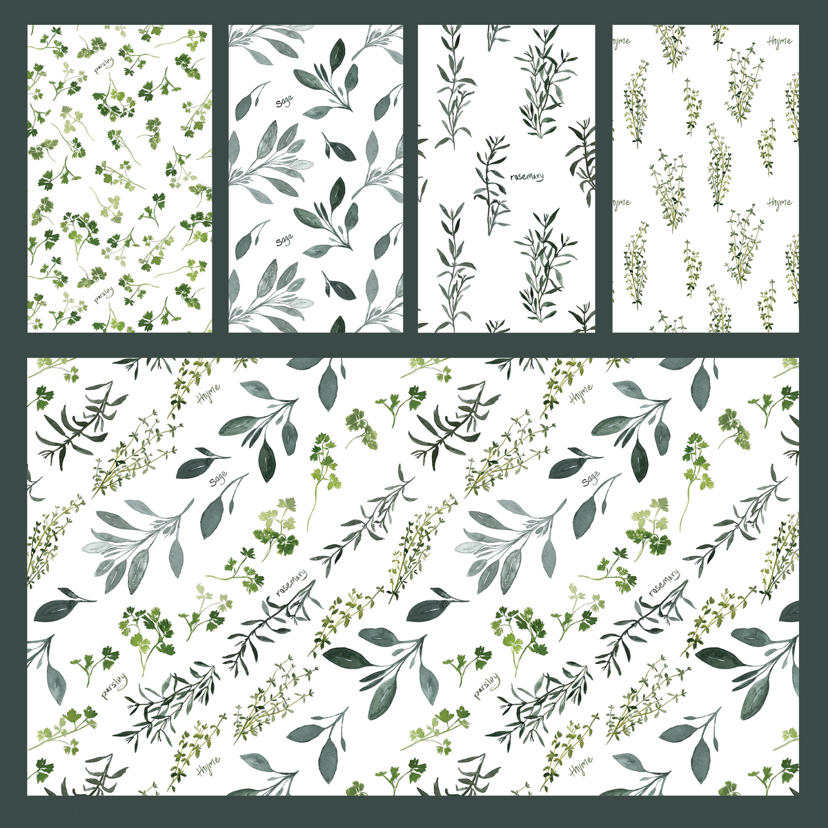 A botanical pattern design sheet showing multiple panels with watercolor-style green and gray leafy branches on a white background, arranged in a grid with a large preview panel at the bottom and smaller sample panels above.