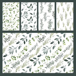 A botanical pattern design sheet showing multiple panels with watercolor-style green and gray leafy branches on a white background, arranged in a grid with a large preview panel at the bottom and smaller sample panels above.