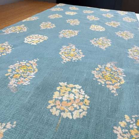 golden hydrangea european linen table runner in aqua