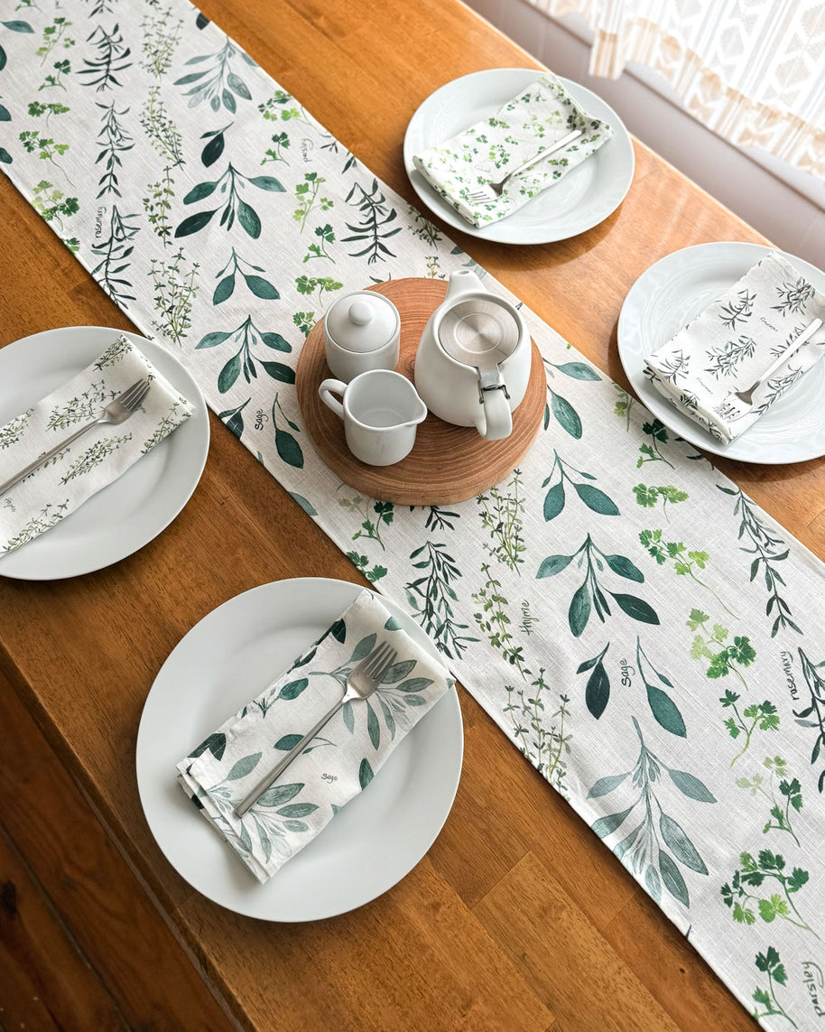 parsley, sage, rosemary + thyme linen table runner
