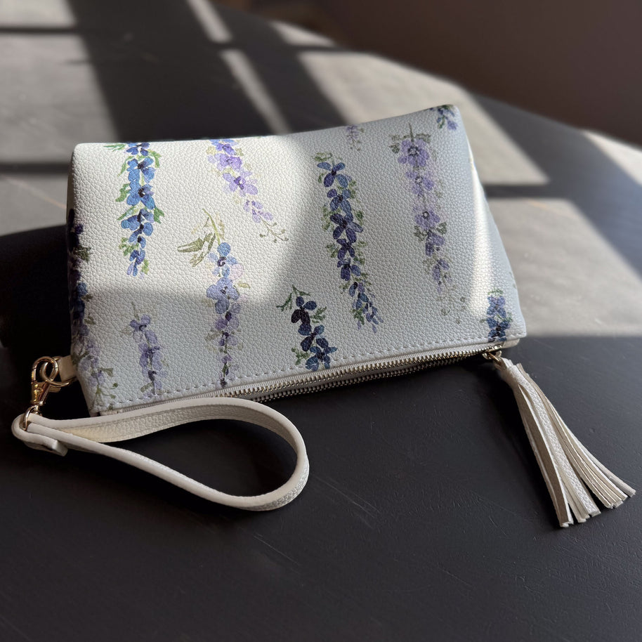 dancing delphinium clutch in vegan leather