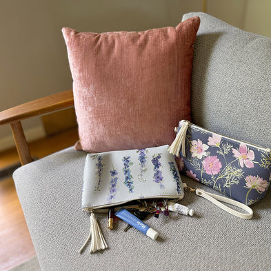Vegan Leather Clutch and Makeup Bag, shown in Delphinium and Airy Cosmos