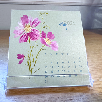 Small calendar featuring a cosmos floral painting with May 2026 calendar
