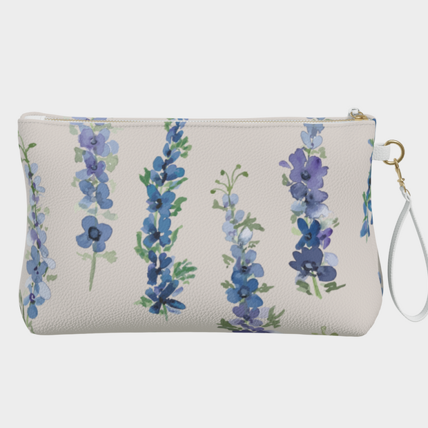 vegan leather clutch + makeup bag in dancing delphinium