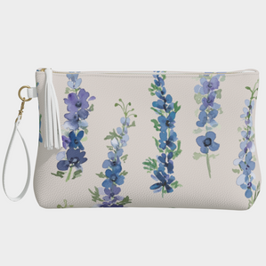 vegan leather clutch + makeup bag in dancing delphinium