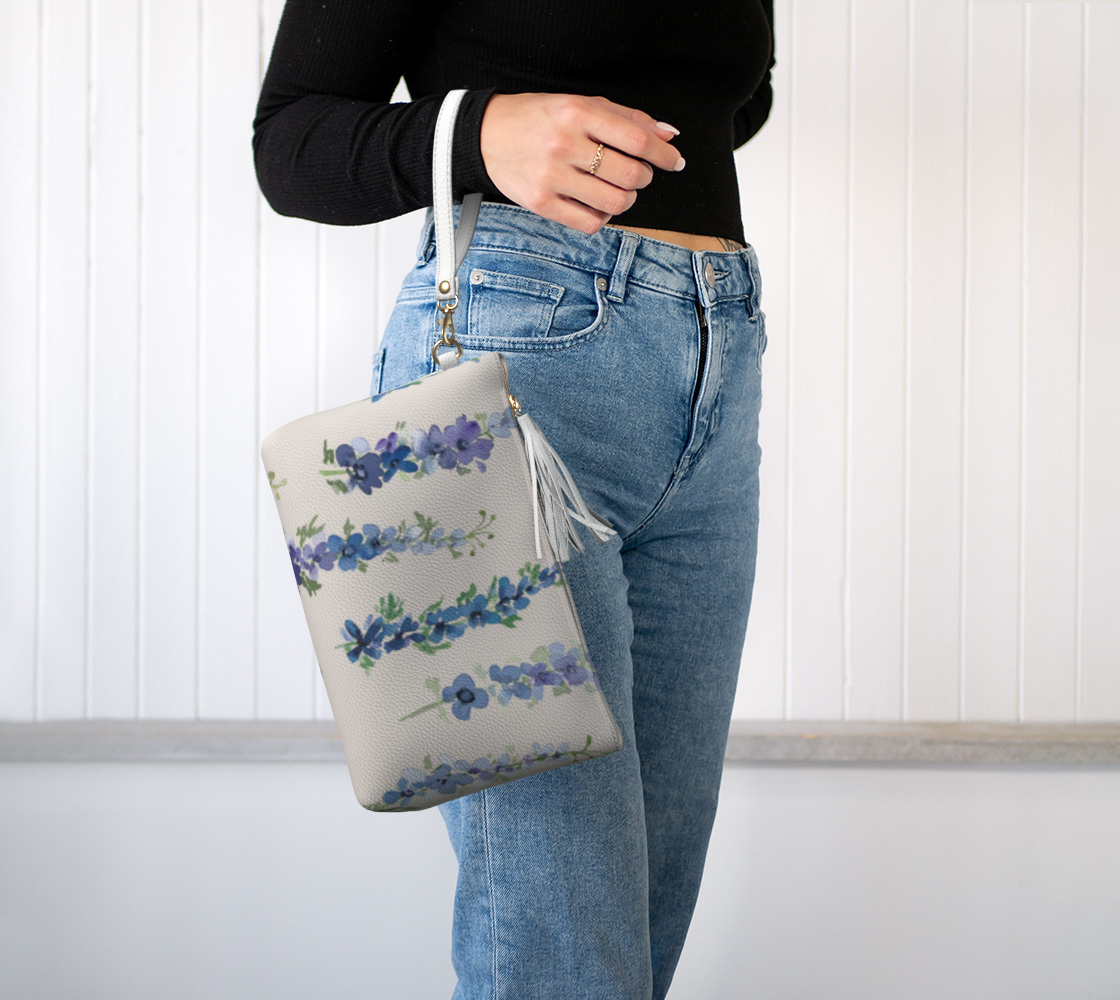 vegan leather clutch + makeup bag in dancing delphinium