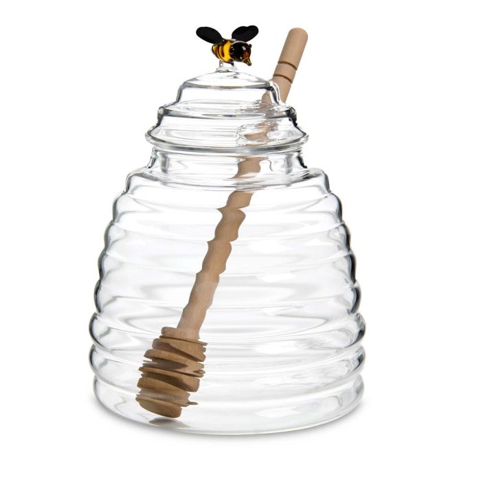 glass honeypot with bee lid + honey dipper