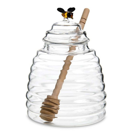 glass honeypot with bee lid + honey dipper