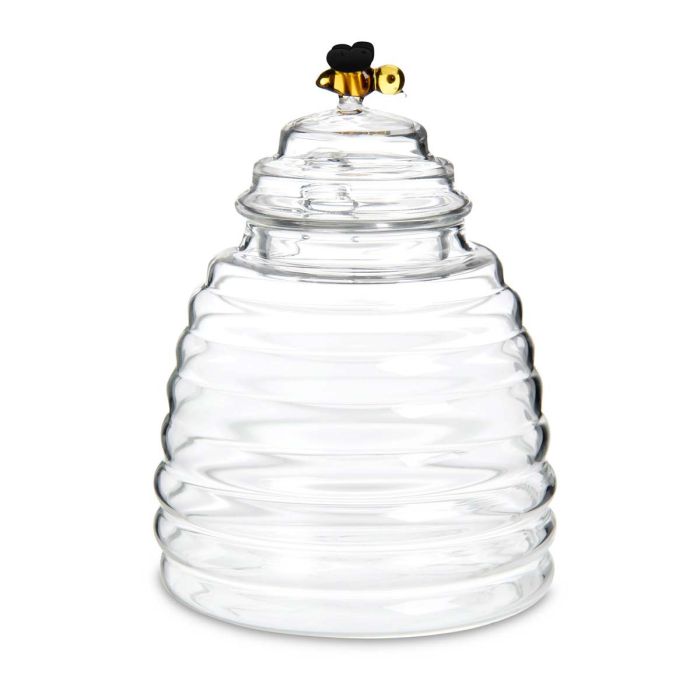 glass honeypot with bee lid + honey dipper