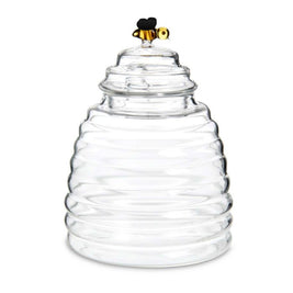 glass honeypot with bee lid + honey dipper