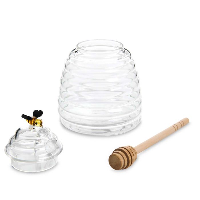 glass honeypot with bee lid + honey dipper
