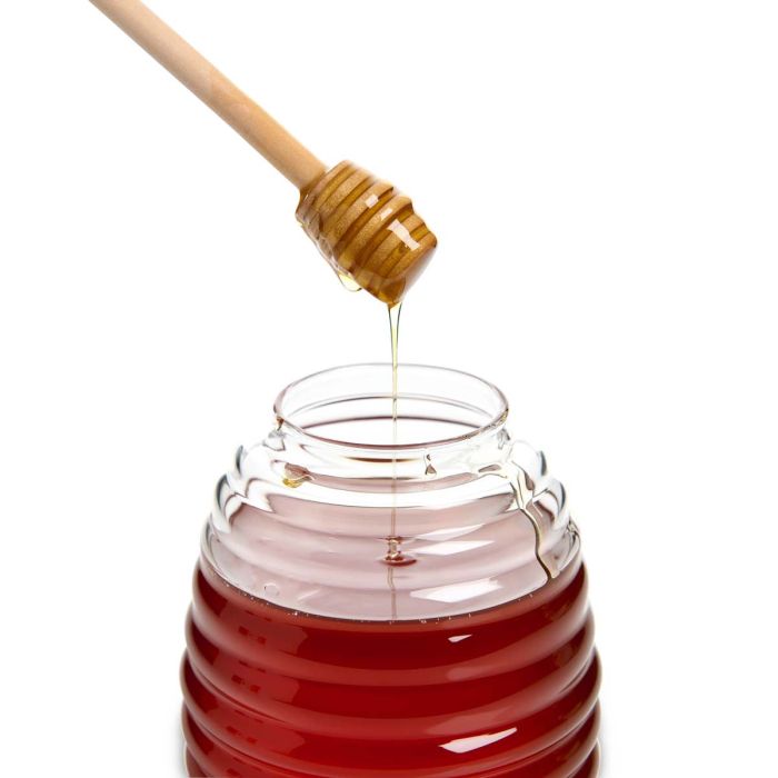 glass honeypot with bee lid + honey dipper