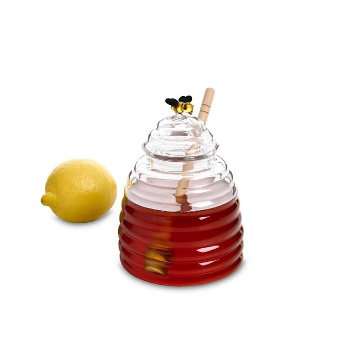 glass honeypot with bee lid + honey dipper