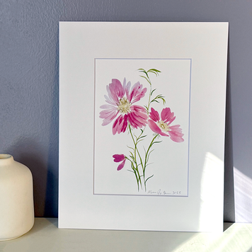 Framed floral artwork with pink flowers on a gray wall background