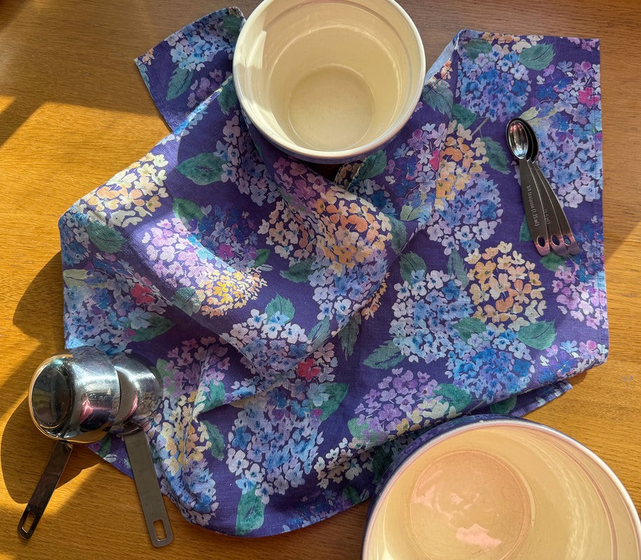 endless hydrangea linen tea towel