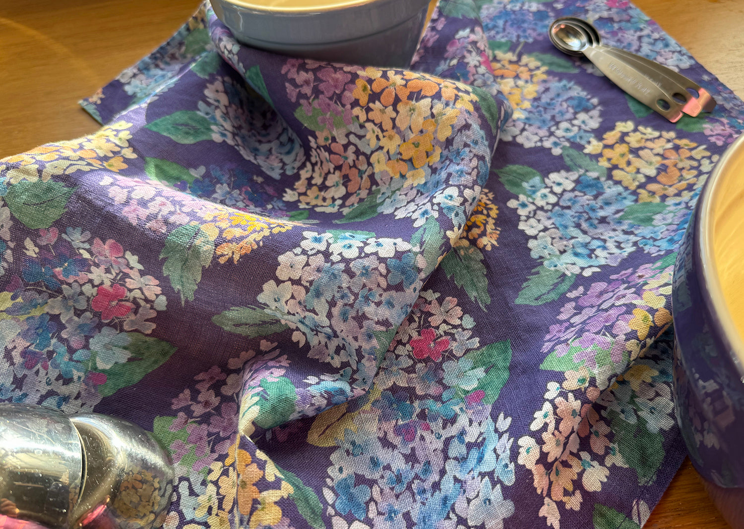 endless hydrangea linen tea towel