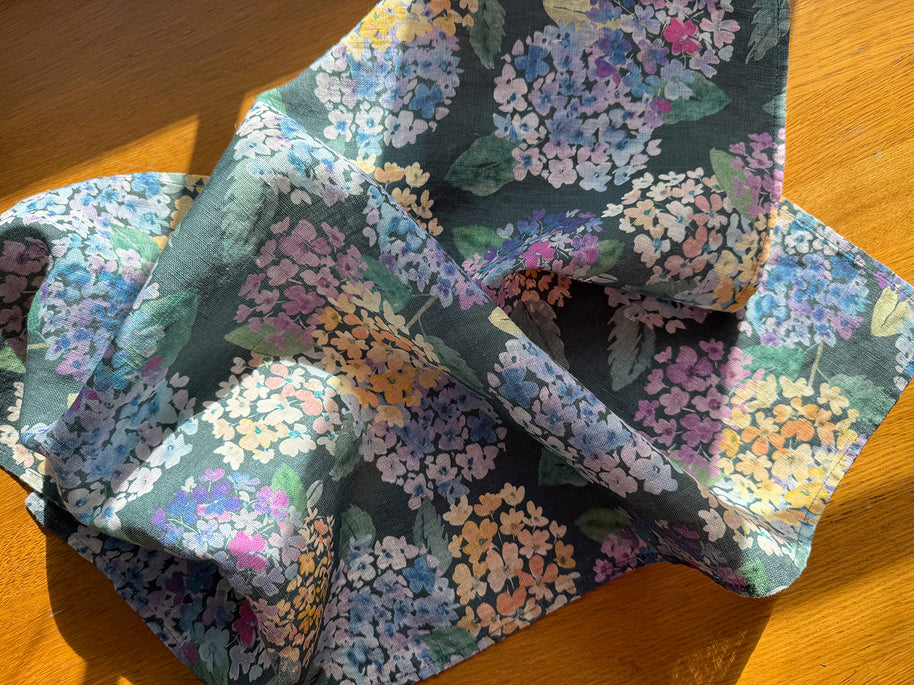 endless hydrangea linen tea towel