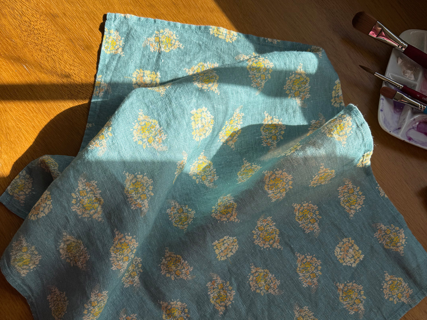 golden hydrangea clusters linen tea towel