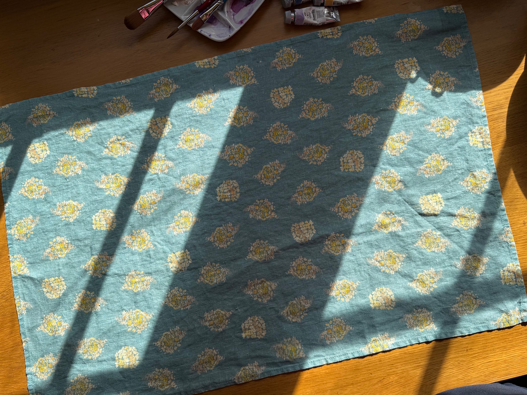 golden hydrangea clusters linen tea towel