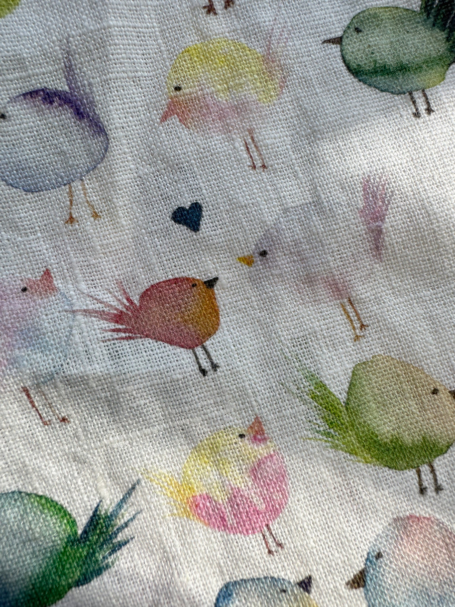 floofy birds linen tea towel