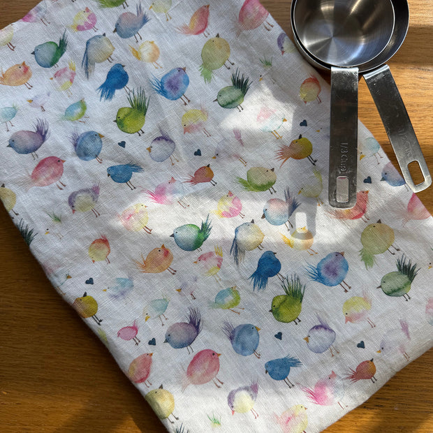 floofy birds linen tea towel