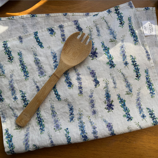 dancing delphinium linen tea towel